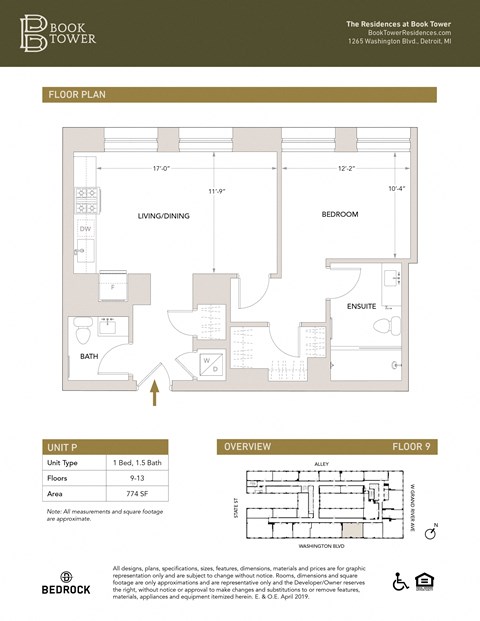 Unit P Floor Plan at Book Tower, Detroit, Michigan